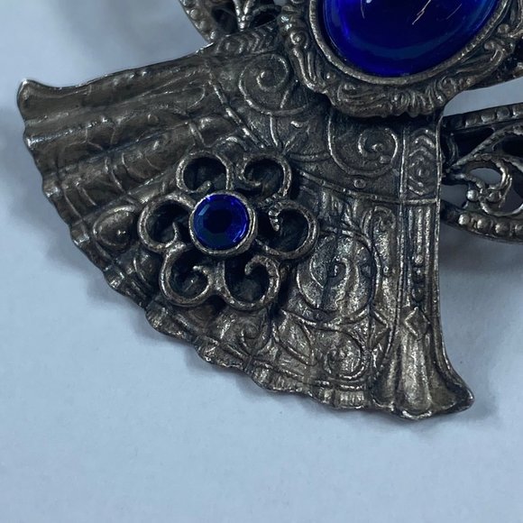 Angel Pin Brooch KC Dark Silver Tone Blue Stones Floral Accent Rhinestone Metal - Picture 6 of 12